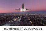 Commercial aircraft departure on amazing sunset 3D illustration.