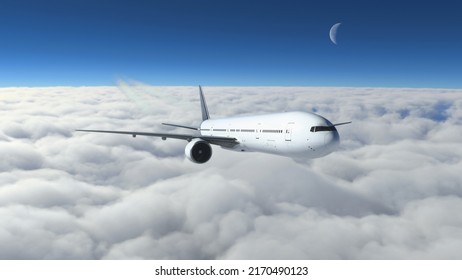 Commercial aircraft flying over the clouds 3D illustration.