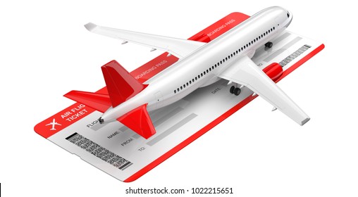 Commercial Airplane, Airliner With Air Flight Tickets . Passenger Plane With A Red Tail Wing, Take Off. 3D Rendering Isolated On White Background