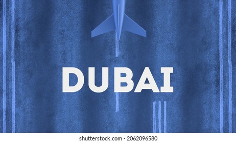 Commercial Airplane Landing At The Airport Of Dubai. Aerial View Of A Landing Airplane On The Airfield. Dubai Travel Concept. 3d Rendering.