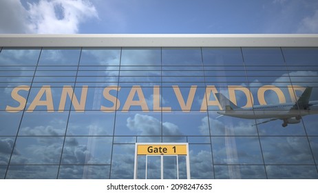Commercial airplane reflecting in airport terminal and san salvador text 3D rendering