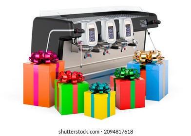 Commercial Coffee Machine With Gift Boxes, 3D Rendering Isolated On White Background