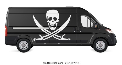 Camión de entrega comercial con bandera de piratería. Concepto de contrabando de piratería. Representación 3D aislada en fondo blanco
