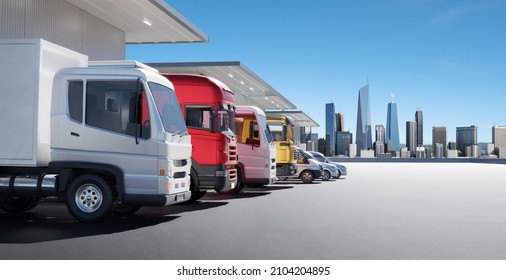 Commercial delivery vehicles in a row with empty floor and cityscape background. Express delivery and shipment service concept. 3d rendering
