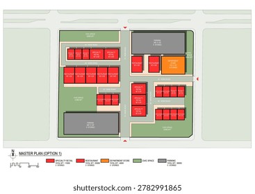 Commercial development plan featuring retail stores, restaurants, department store, parking and civic areas with green spaces.