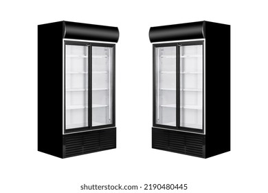 Commercial Glass Door Drink Fridge Cooler With Two Display Sections Mockup Isolated On White Background. 3d Rendering.