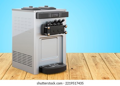 Commercial Ice Cream Machine On The Wooden Planks, 3D Rendering