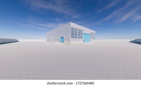 Commercial Or Industrial Facade. That Is A Property Use As Factory, Warehouse, Hangar Or Workplace. Modern Exterior Design With Roller Door And Metal Wall. Stone Brick Paving At Outdoor. 3d Render.