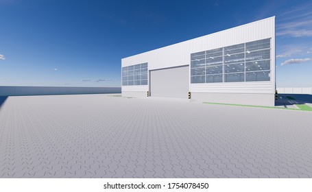 Commercial Or Industrial Facade. That Is A Property Use As Factory, Warehouse, Hangar Or Workplace. Modern Exterior Design With Roller Door And Metal Wall. Stone Brick Paving At Outdoor. 3d Render.