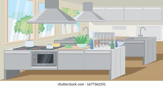 Commercial Kitchen With Counters Equipped Powerful Appliances. Exhaust Hood Above Counter. Restaurant Concept. Illustration Can Be Used For Topics Like Establishment, Kitchen Equipment, Workspace