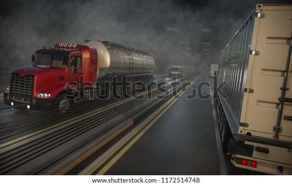 Commercial Land Vehicles Moving Along the\
Highway at Night 3d\
rendering