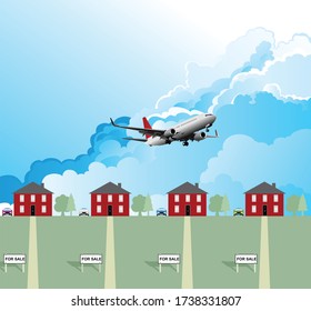 Commercial Passenger Plane Over Houses For Sale On Residential Street Having Taken Off From Nearby Airport With Cloudy Blue Sky