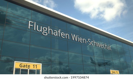 Commercial Plane Landing Reflecting In The Windows With Flughafen Wien Schwechat Or Vienna Airport Text 3D Rendering