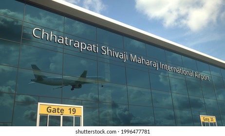 Commercial Plane Take Off Reflecting In The Windows With Chhatrapati Shivaji Maharaj International Airport Text 3D Rendering