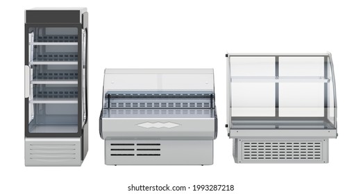 Commercial Refregeration Equipment. Curved Glass Refrigerated Display Case For Bakery, Deli Display Case And Swing Glass Door Merchandiser Refrigerator. 3D Rendering Isolated On White Background