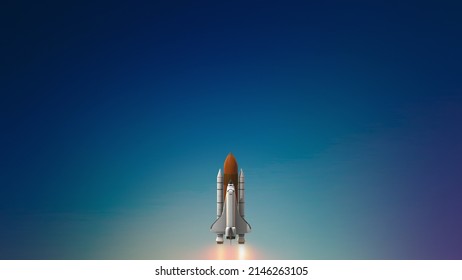 Commercial Space Rocket Launch Into Space With Exhaust Flames. 3d Illustration.