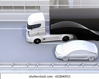 Commercial truck trying change lane and a sedan car on truck's blind spot position. 3D rendering image.
