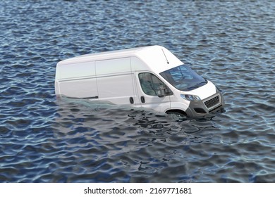 Commercial Van In Sea Water. Sinking Car. Concept Of Cargo And Auto Car Insurance. 3d Illustration