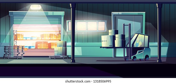 Commercial Warehouse Cartoon With Worker Carrying Cargo With Forklift Truck Through Opened Storehouse Gates Illustration. Working At Night Shift, Overtime Work, 24-hour Delivery Service Concept