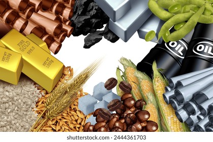 Commodities and Commodity as raw material and agricultural products as economic goods and natural resources to trade as crude oil coffee beans copper gold and wheat with 3D illustration elements.