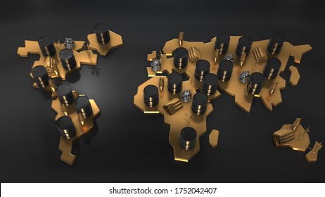 Commodities Market Oil, Gold, Silver, Copper, Corn, Wheat Global Commodity Trade - 3D Render Illustration