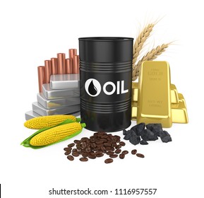 Commodities - Oil, Gold, Silver, Copper, Corn, Coal, Wheat And Coffee Beans. 3D Rendering