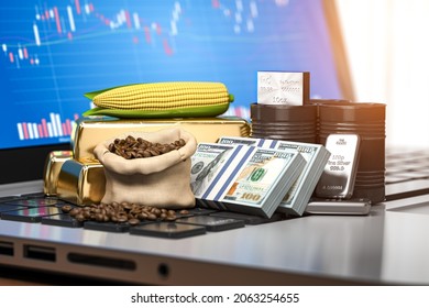 Commodities On Laptop Keyboard. Stock Exchange Market Trading Platform On The Screen Of Pc. 3d Illustration