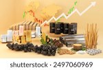 Commodities such as coal tar, gold, cotton, corn, sugar, soybeans, and iron on white background ,Commodity business,3d rendering