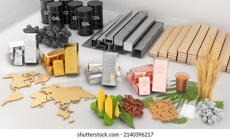 Commodities Such As Coal Tar, Gold, Cotton, Corn, Sugar, Soybeans, And Iron On White Background ,Commodity Business,3d Rendering