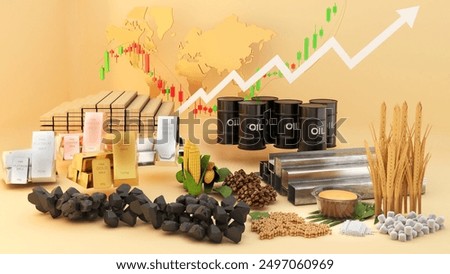 Commodities such as coal tar, gold, cotton, corn, sugar, soybeans, and iron on white background ,Commodity business,3d rendering