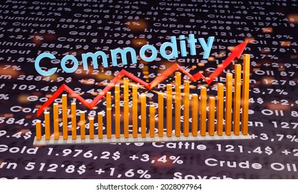 Commodity Bar Chart With A Red Graph And Arrow To Illustres Rising Commodity Prices. Commodities Like Crude Oil, Gold, Wheat, Soya And Gas With Prices In The Background. 3D Illustration. 