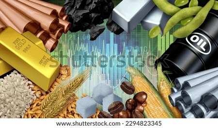 Commodity And Commodities and economic goods and natural resources or goods to trade or exchange as a stock market trading as crude oil coffee beans copper gold with 3D illustration elements.
