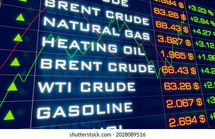 Commodity Prices For Oil And Gas On A Screen. WTI Crude, Brent Oil And Natural Gas. 3D Illustration.