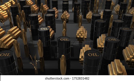 Commodity Trade In Oil, Gold, Silver, Copper, Corn On Global Commodities Market - 3D Render Illustration