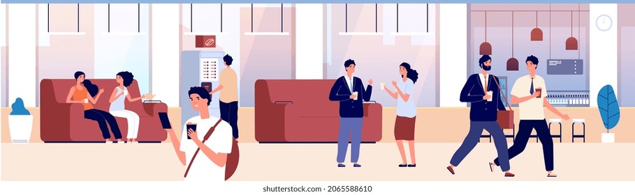 Common area. Waiting room, hall of office or shopping center. People drink coffee tea and talk. Place for communication, hostel hotel lounge illustration - Powered by Shutterstock