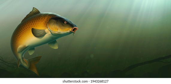 Common Carp fish (koi) realism isolate illustration. Fishing for big carp, feeder fishing, carp fishing. Carp underwater at the bottom of a river or lake.