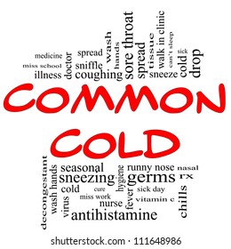 Common Cold Word Cloud Concept In Red And Black Letters With Great Terms Such As Coughing, Sneezing, Runny Nose, Tissues And More.