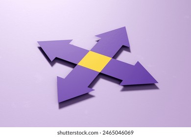 Common ground for opposite or different values, beliefs or paths. Shared values, fundamental beliefs or principles. Four Arrows in Opposite Directions on Purple Background. 3D render.