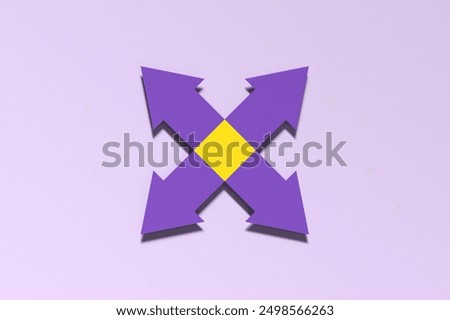 Common ground for opposite or different values, beliefs or paths. Shared values, fundamental beliefs or principles. Four Arrows in Opposite Directions on Purple Background. 3D render.