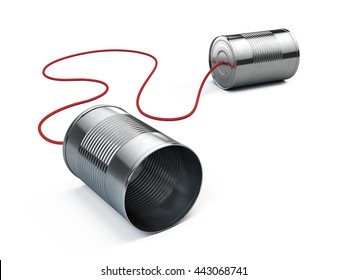 Communication concept: Tin can phone isolated on white. 3d render