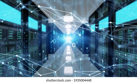 Communication network concept. Digital transformation. Data center. Computer server. 3D rendering.