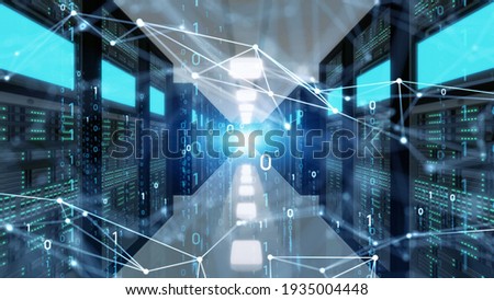 Communication network concept. Digital transformation. Data center. Computer server. 3D rendering.
