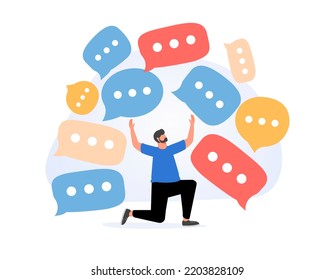 Communication Problem Or Overload, Too Many Messages Or Spam, Inefficient Discussion Or Meeting Concept, Frustrated Businessman Run Away From Collapsing Stack Of Online Speech Bubble. Overwork