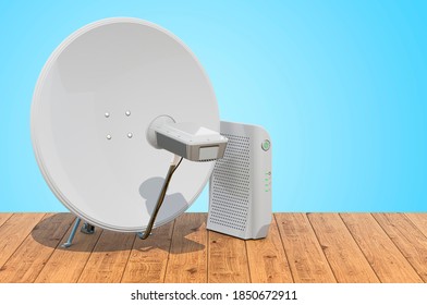 Communication Satellite Dish With Satellite Modem On The Wooden Planks, 3D Rendering