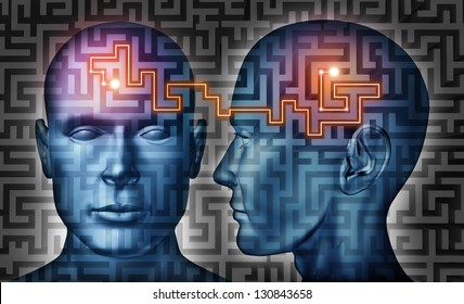 Communication solutions and mind control with a group of communicating human heads on a labyrinth or maze pattern with a laser light connection the thinking network of two brains.
