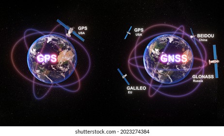 Communication technology between GPS system and GNSS system.standard generic term for satellite navigation systems,gps and gnss technology,3d rendering