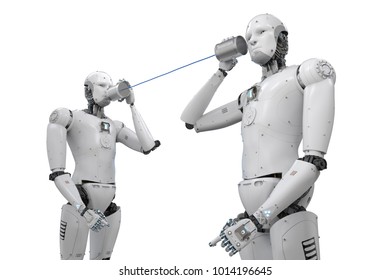 communication technology concept with 3d rendering robot holding tin can phone