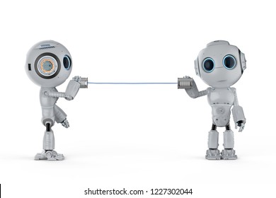 Communication technology concept with 3d rendering robot holding tin can phone