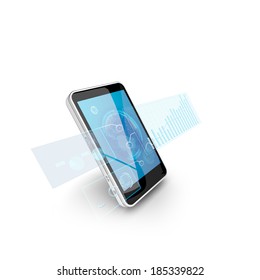 Communication technology and electronics digital concept silver smart phone with charts on glossy screen. Image isolated on white background