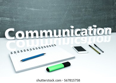 Communication - text concept with chalkboard, notebook, pens and mobile phone. 3D render illustration.